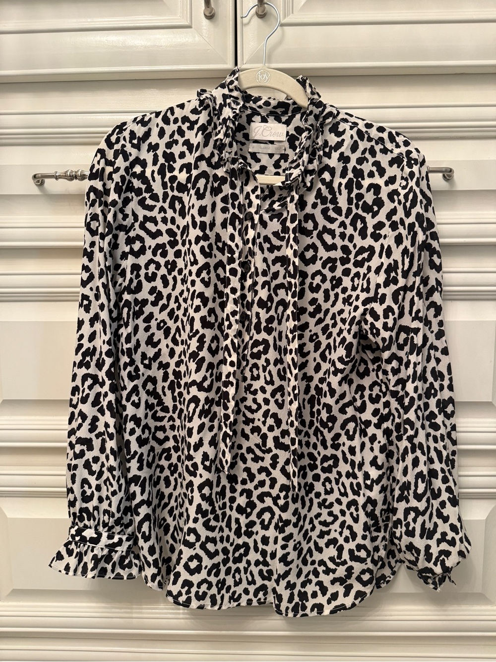 J. Crew Black and Cream Leopard Tie-Neck Blouse